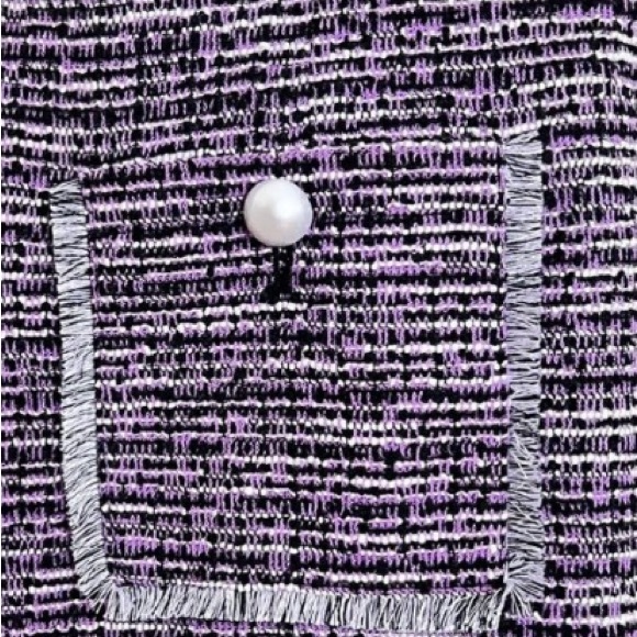 Karl Lagerfeld Paris Tweed Purple Black White Split Neck Sleeveless Shift Dress - Picture 7 of 8